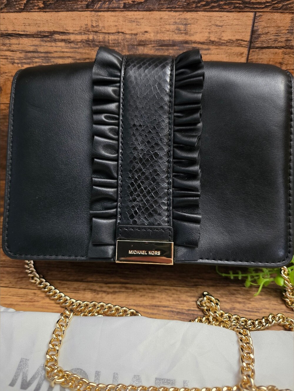 Michael Kors Jade- Black Ruffle Accent Leather Crossbody with Gold Chain - Picture 2 of 4